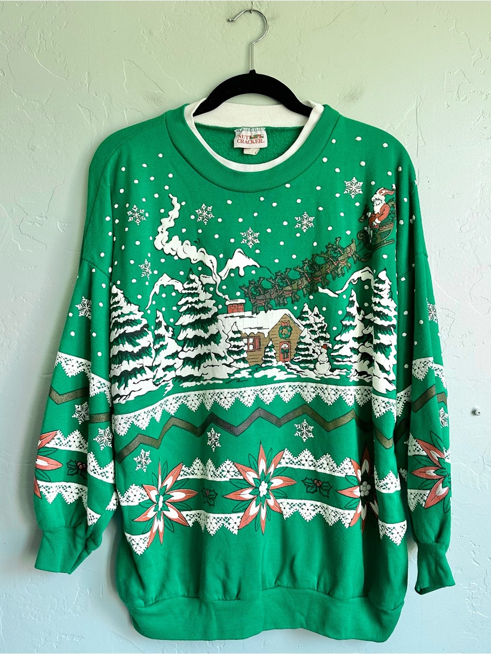 Vintage 80's 90's Green Puff Print Christmas Crewneck Sweatshirt Cottagecore EUC